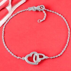 NEW 925 Sterling Silver Connected Double Hearts Love Valentines Bracelet 7" Long